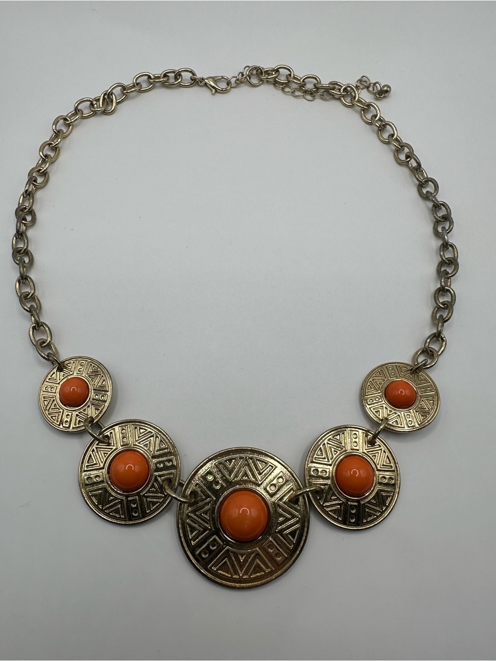 Vintage Gold Tone Orange Cabochon Geometric Etched Medallion Collar Necklace - Picture 2 of 6